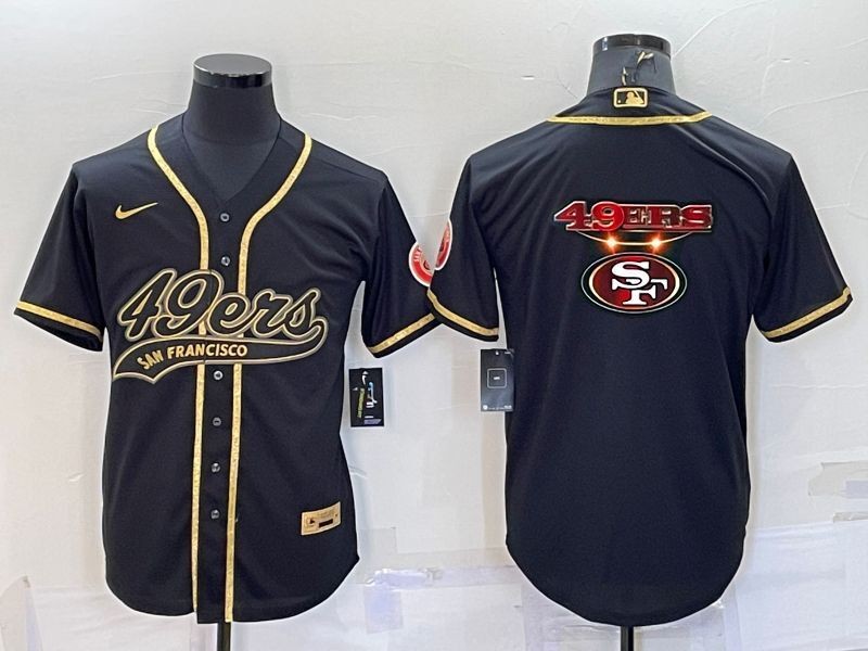 Men's San Francisco 49ers Black Gold Team Big Logo With Patch Cool Base Stitched Baseball Jersey Men's San Francisco 49ers Black Gold Team Big Logo With Patch Cool Base Stitched Baseball Jersey